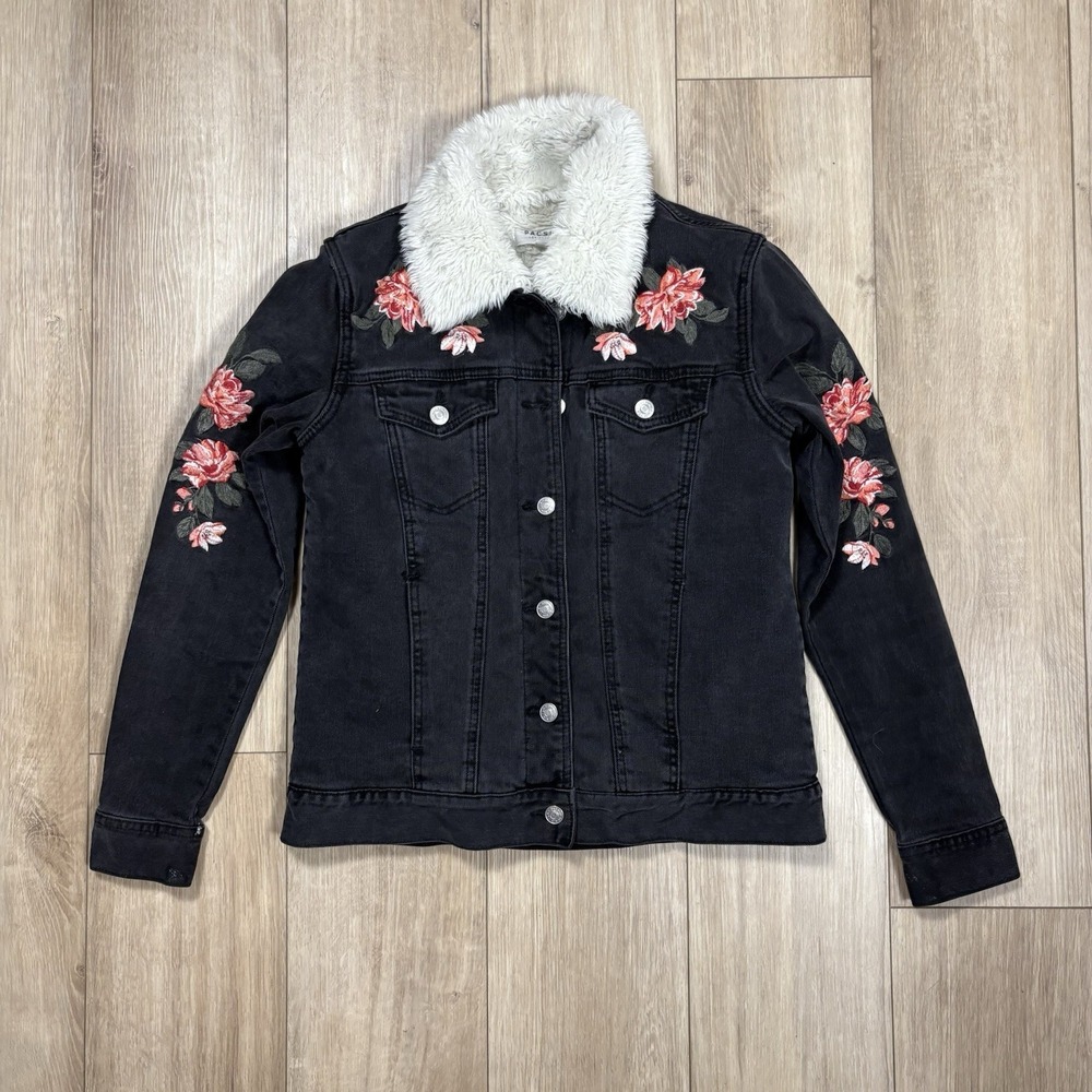 PacSun Black Denim Sherpa Lined Trucker Jacket Floral Embroidered Women's Small